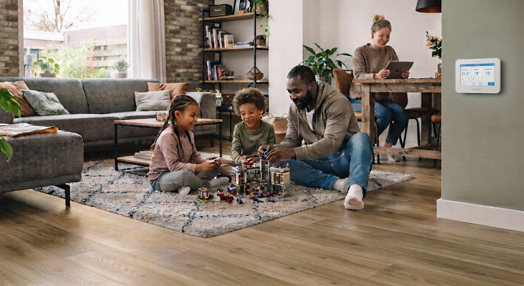 Gezin speelt op de vloer bij vloerverwarming met Evohome